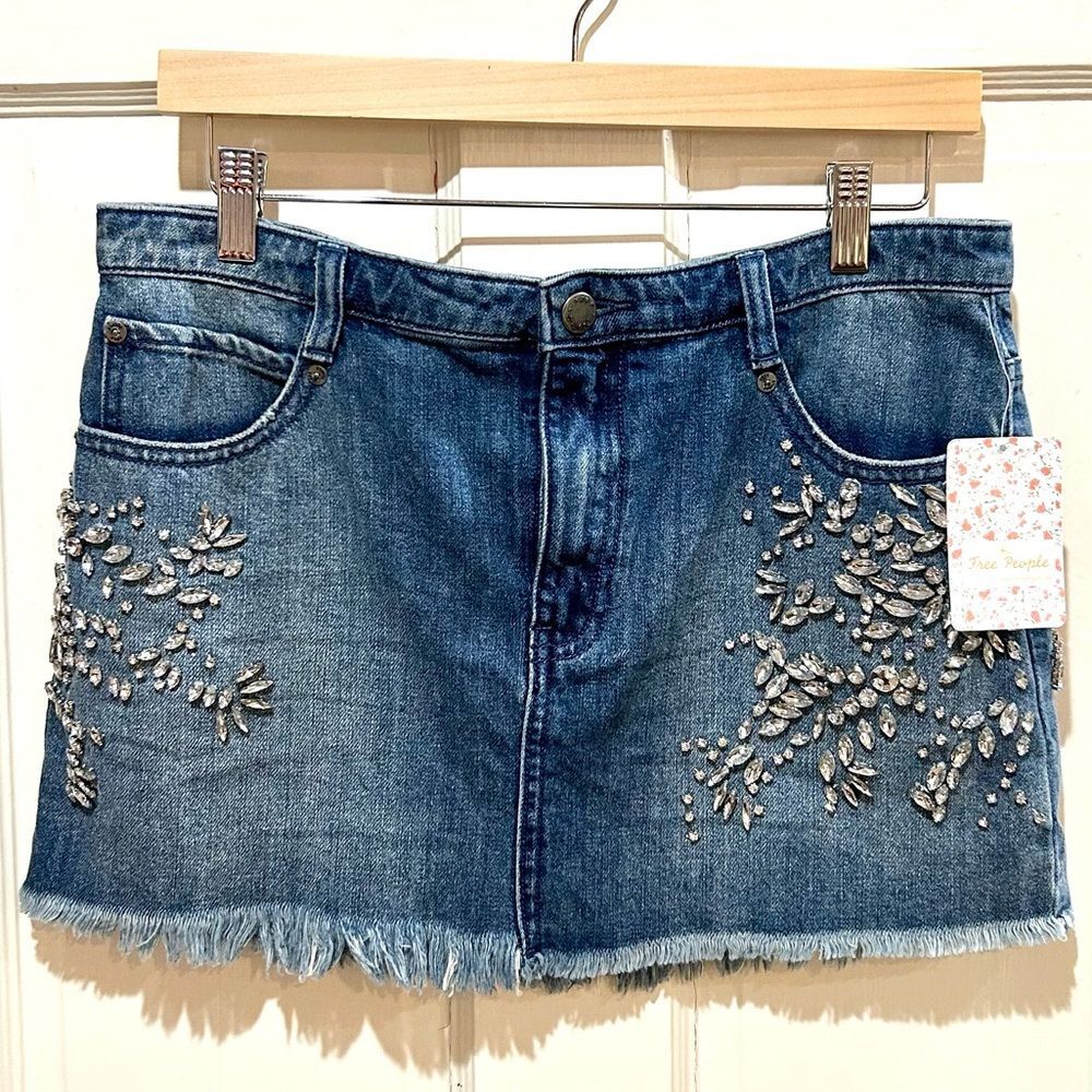 Free People NWT Shine Bright Rhinestone Denim Mini Skirt Y2K 90s Retro Size 6 - Picture 4 of 8